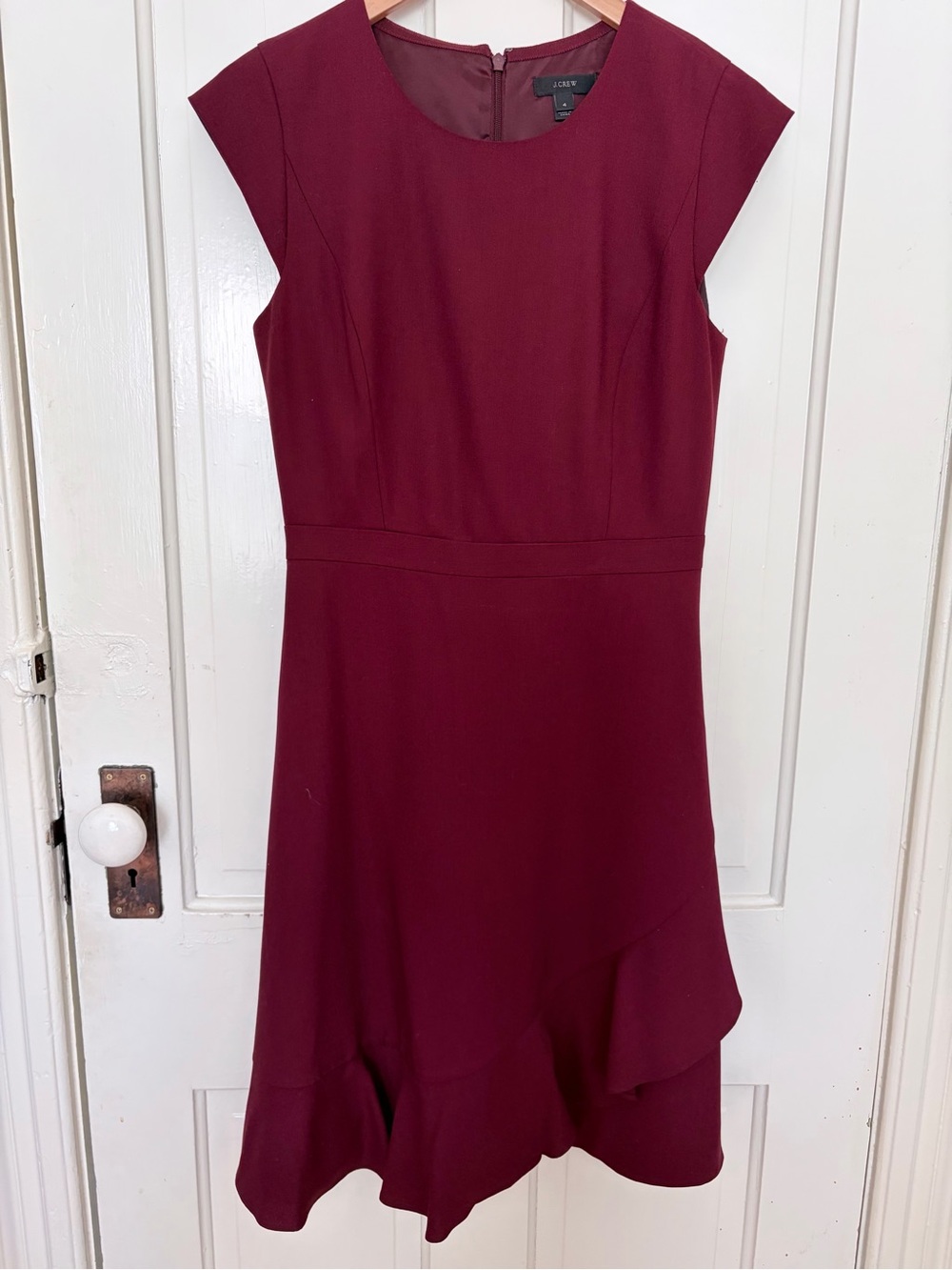 J. Crew Cap Sleeve Burgundy Assymetric Ruffle Wool Sheath Dress